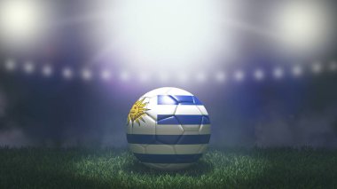 Parlak bulanık stadyum arka planında bayrak renginde futbol topu. Uruguay. 3B resim