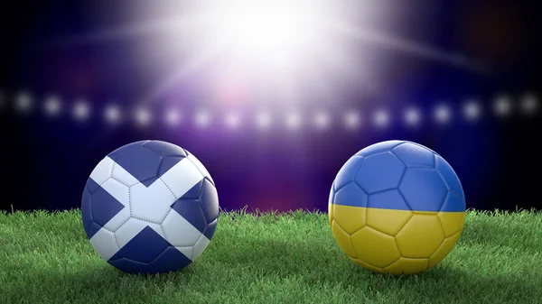 Dva Fotbalové Míče Vlajkách Barvy Stadionu Rozmazané Pozadí Skotsko Ukrajina — Stock fotografie