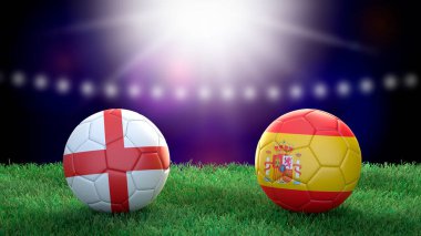 Stadyumdaki bayraklı iki futbol topu bulanık arka planda. İngiltere ve İspanya. 3d resim