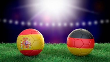 Stadyumdaki bayraklı iki futbol topu bulanık arka planda. İspanya ve Almanya. 3d resim