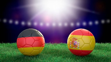Stadyumdaki bayraklı iki futbol topu bulanık arka planda. Almanya ve İspanya. 3d resim