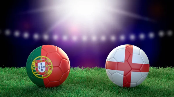 Δύο Μπάλες Ποδοσφαίρου Σημαίες Χρώματα Στο Γήπεδο Θολή Φόντο Πορτογαλία — Φωτογραφία Αρχείου