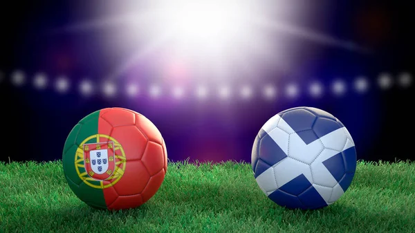 Två Fotboll Bollar Flaggor Färger Stadion Suddig Bakgrund Portugal Och — Stockfoto