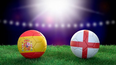 Stadyumdaki bayraklı iki futbol topu bulanık arka planda. İspanya ve İngiltere. 3d resim