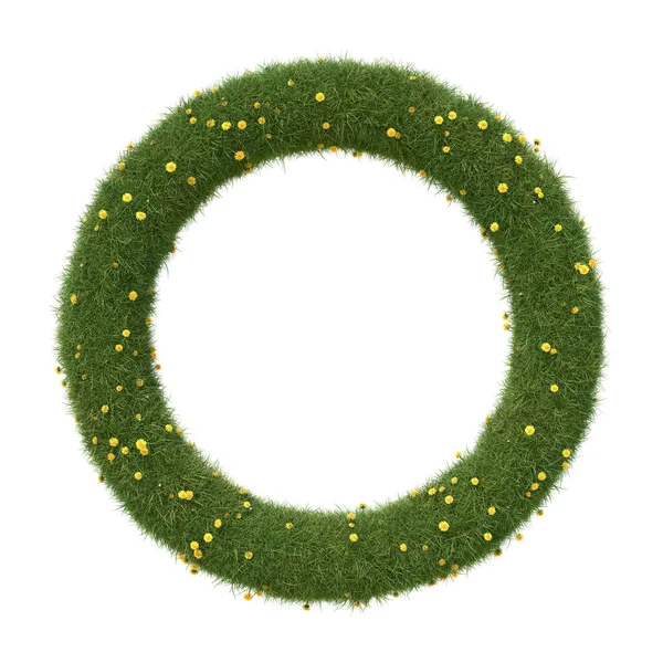 Circle shape frame made of grass and dandelions, isolated on white. 3D image