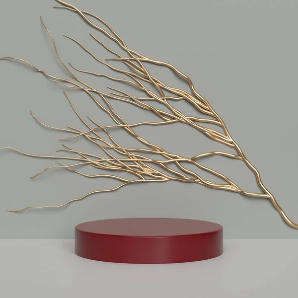 背景に金色のツタの枝で空の製品表彰台 3D画像 — ストック写真