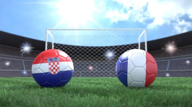 Stadyumdaki bayraklı iki futbol topu bulanık arka planda. Hırvatistan ve Fransa. 3d resim