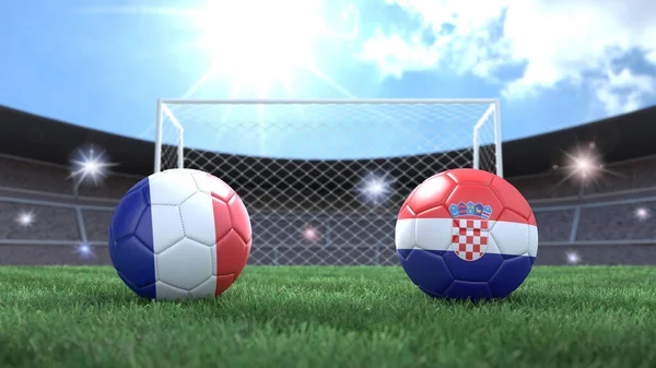 Duas Bolas Futebol Bandeiras Cores Estádio Desfocado Fundo França Croácia — Fotografia de Stock
