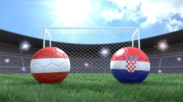 Duas Bolas Futebol Bandeiras Cores Estádio Desfocado Fundo Áustria Croácia — Fotografia de Stock