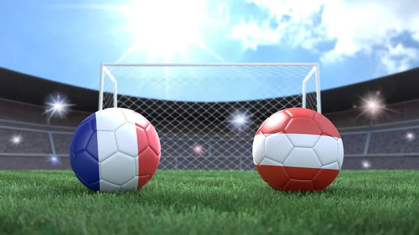 Deux Ballons Football Aux Couleurs Drapeaux Sur Fond Flou Stade — Photo
