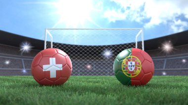 Stadyumdaki bayraklı iki futbol topu bulanık arka planda. İsviçre ve Portekiz. 3d resim