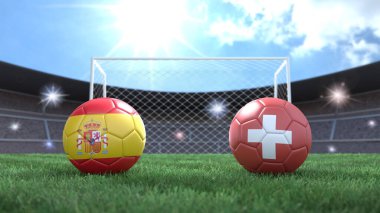 Stadyumdaki bayraklı iki futbol topu bulanık arka planda. İspanya ve İsviçre. 3d resim