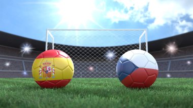 Stadyumdaki bayraklı iki futbol topu bulanık arka planda. İspanya ve Çek Cumhuriyeti. 3d resim