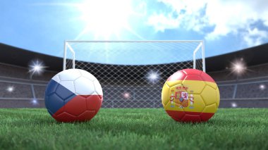 Stadyumdaki bayraklı iki futbol topu bulanık arka planda. Çek Cumhuriyeti ve İspanya. 3d resim