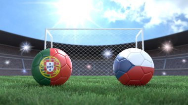 Stadyumdaki bayraklı iki futbol topu bulanık arka planda. Portekiz ve Çek Cumhuriyeti. 3d resim