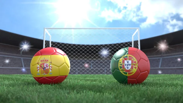 Duas Bolas Futebol Bandeiras Cores Estádio Desfocado Fundo Espanha Portugal — Fotografia de Stock