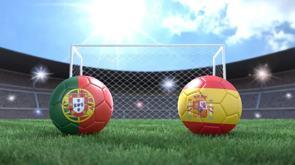 Duas Bolas Futebol Bandeiras Cores Estádio Desfocado Fundo Portugal Espanha — Fotografia de Stock