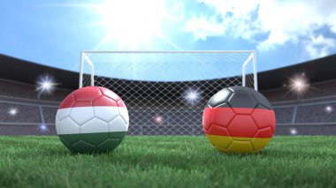 Stadyumdaki bayraklı iki futbol topu bulanık arka planda. Macaristan ve Almanya. 3d resim