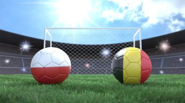 Stadyumdaki bayraklı iki futbol topu bulanık arka planda. Polonya ve Belçika. 3d resim