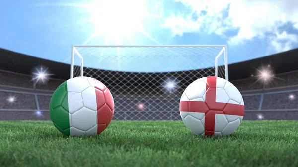 Duas Bolas Futebol Bandeiras Cores Estádio Desfocado Fundo Itália Inglaterra — Fotografia de Stock