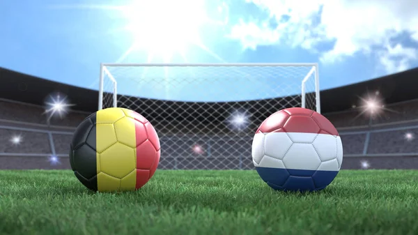 Duas Bolas Futebol Bandeiras Cores Estádio Desfocado Fundo Bélgica Países — Fotografia de Stock