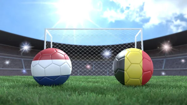 Duas Bolas Futebol Bandeiras Cores Estádio Desfocado Fundo Países Baixos — Fotografia de Stock