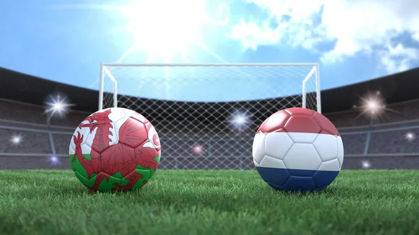 Deux Ballons Football Aux Couleurs Drapeaux Sur Fond Flou Stade — Photo