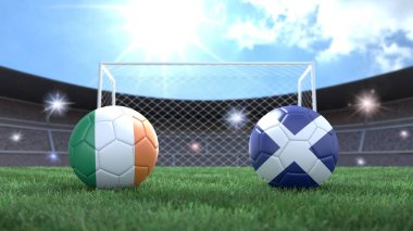 Stadyumdaki bayraklı iki futbol topu bulanık arka planda. İrlanda ve İskoçya. 3d resim