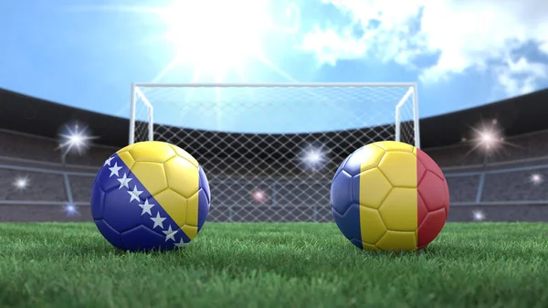 スタジアムの旗の色の2つのサッカーボールを背景にぼやけている ボスニアとルーマニア 3D画像 — ストック写真