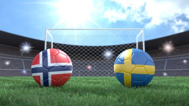 Stadyumdaki bayraklı iki futbol topu bulanık arka planda. Norveç ve İsveç. 3d resim