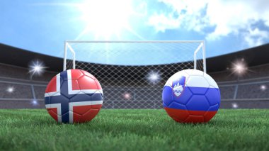 Stadyumdaki bayraklı iki futbol topu bulanık arka planda. Norveç ve Slovenya. 3d resim