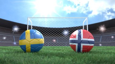 Stadyumdaki bayraklı iki futbol topu bulanık arka planda. İsveç ve Norveç. 3d resim