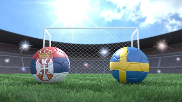 Stadyumdaki Bayraklı Iki Futbol Topu Bulanık Arka Planda Sırbistan Sveç — Stok fotoğraf