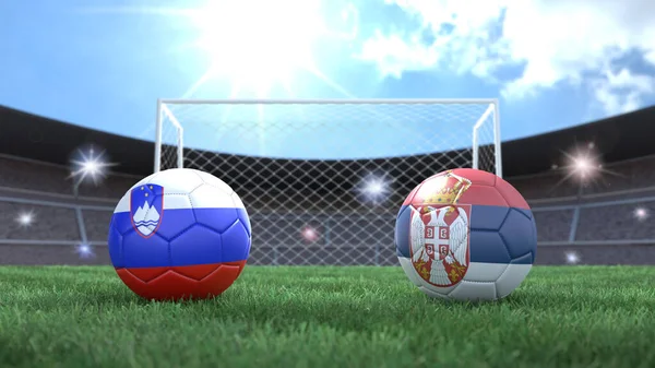 Два Футбольных Мяча Цветах Флагов Стадионе Размыли Задний План Словения — стоковое фото