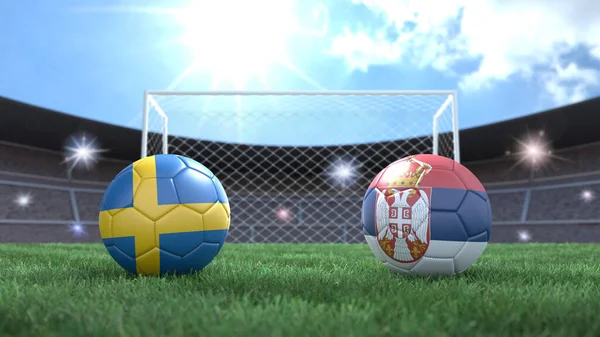 Twee Voetbal Ballen Vlaggen Kleuren Stadion Wazig Achtergrond Zweden Servië — Stockfoto