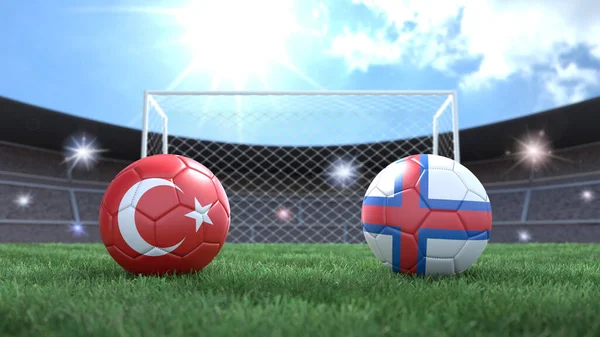 Due Palloni Calcio Bandiere Colori Sfondo Sfocato Stadio Turchia Isole — Foto Stock