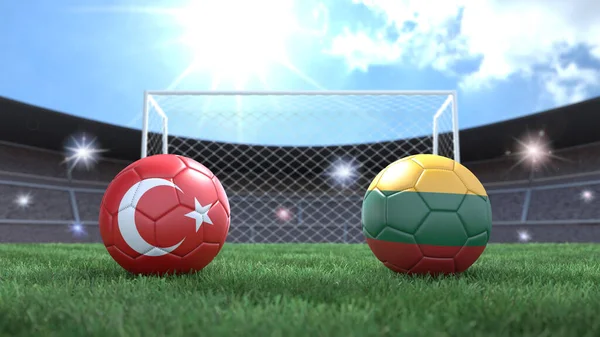 Due Palloni Calcio Bandiere Colori Sfondo Sfocato Stadio Turchia Lituania — Foto Stock