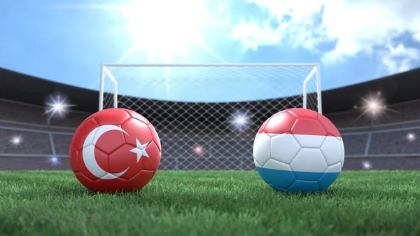 Due Palloni Calcio Bandiere Colori Sfondo Sfocato Stadio Turchia Lussemburgo — Foto Stock