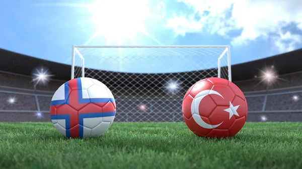 Due Palloni Calcio Bandiere Colori Sfondo Sfocato Stadio Isole Faroe — Foto Stock