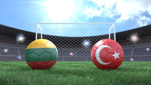Due Palloni Calcio Bandiere Colori Sfondo Sfocato Stadio Lituania Turchia — Foto Stock