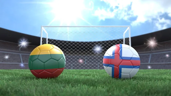 Stadyumdaki Bayraklı Iki Futbol Topu Bulanık Arka Planda Litvanya Faroe — Stok fotoğraf