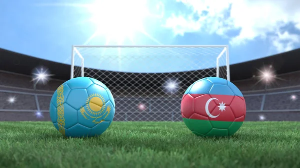 Due Palloni Calcio Bandiere Colori Sfondo Sfocato Stadio Kazakistan Azerbaigian — Foto Stock