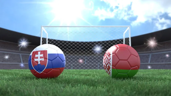 Twee Voetbal Ballen Vlaggen Kleuren Stadion Wazig Achtergrond Slowakije Belarus — Stockfoto