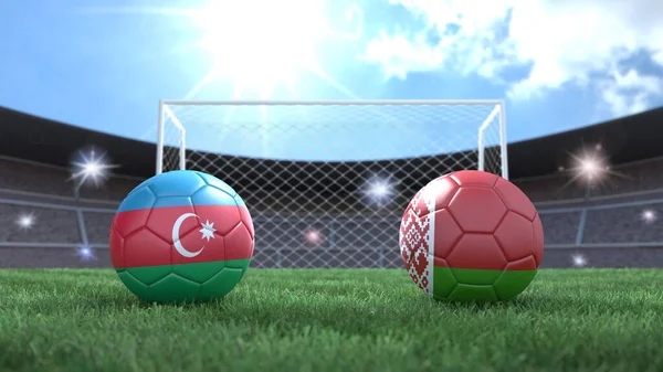 Due Palloni Calcio Bandiere Colori Sfondo Sfocato Stadio Azerbaigian Bielorussia — Foto Stock