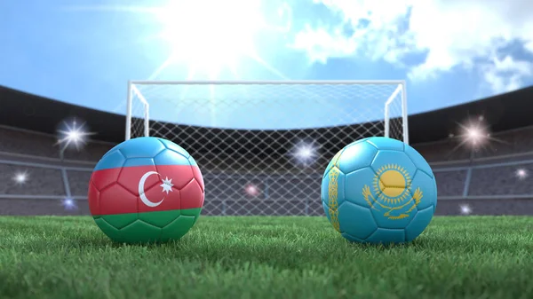 Due Palloni Calcio Bandiere Colori Sfondo Sfocato Stadio Azerbaigian Kazakistan — Foto Stock