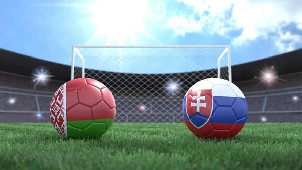 Twee Voetbal Ballen Vlaggen Kleuren Stadion Wazig Achtergrond Wit Rusland — Stockfoto