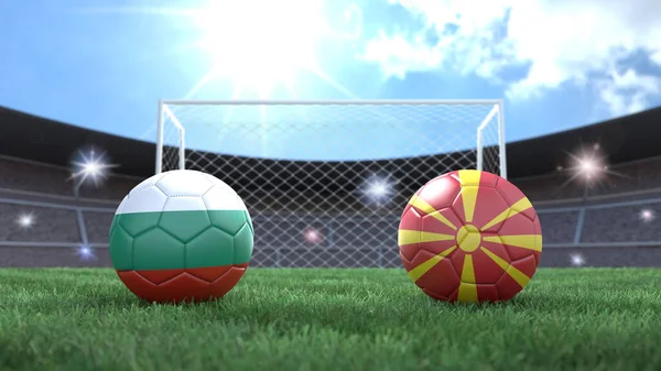 Два Футбольных Мяча Цветах Флагов Стадионе Размыли Задний План Болгария — стоковое фото