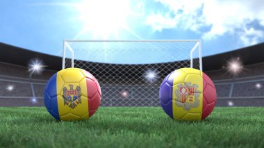 Stadyumdaki bayraklı iki futbol topu bulanık arka planda. Moldova ve Andorra. 3d resim