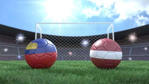 スタジアムの旗の色の2つのサッカーボールを背景にぼやけている リヒテンシュタインとラトビア 3D画像 — ストック写真