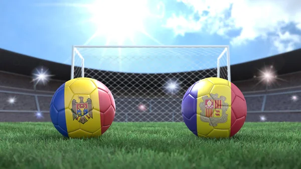 Stadyumdaki Bayraklı Iki Futbol Topu Bulanık Arka Planda Moldova Andorra — Stok fotoğraf